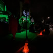 Traffic cones outside PlantationVille on Halloween night